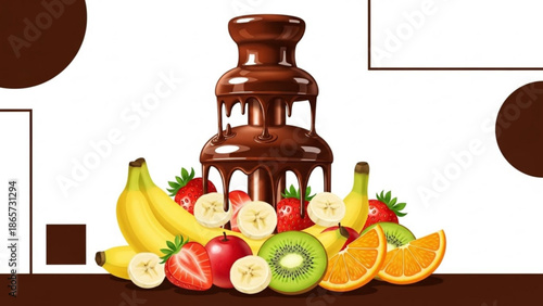 Chocolate fountain with fresh fruit including bananas, strawberries, kiwis, oranges, and apples on a brown table against a white with snack
