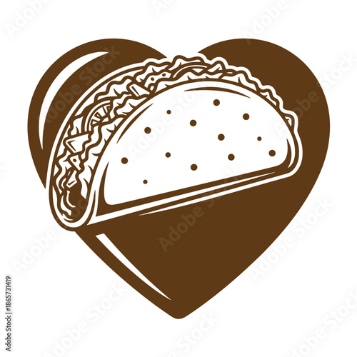 Vintage taco in heart shaped symbol with brown and white colors food and love concept