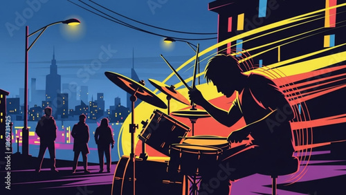 Drummer playing drums on city street at night with people watching, urban music scene with vibrant lights and cityscape background