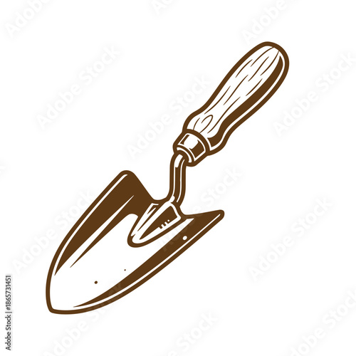 Vintage Brown illustration of a garden trowel with wooden handle isolated on white background