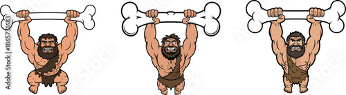 Strong caveman character lifting bone weights, prehistoric fitness concept, muscular cartoon illustration, strength training, ancient warrior power vector