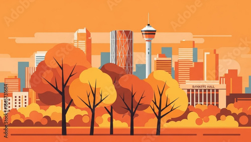 Vibrant autumn cityscape with bare trees and colorful foliage in a modern urban setting with skyscrapers and a prominent tower with fall