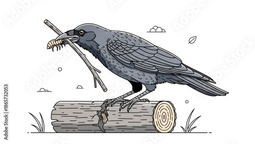 A crow perched on a log holding twigs and a cigarette in its beak outdoors with bird and nature and wildlife and animal and smoking with air