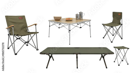 Collection of 5 Portable Folding Camping Furniture Items including Chairs, Table, Cot, and Stool for Outdoor Adventure and Campsite Design