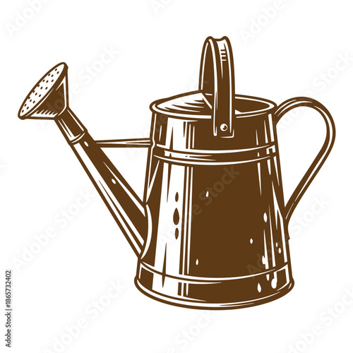 Vintage Brown metal watering can with long spout and handle for gardening and plant care  outdoor and indoor plant watering