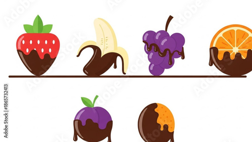 Chocolate dipped fruit selection including strawberries bananas grapes oranges plums and peaches on a white background for dessert with food