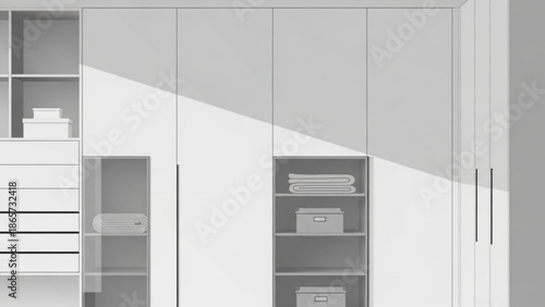 Modern white wardrobe with shelves and drawers, organized closet interior with storage boxes and folded clothes, minimalist bedroom