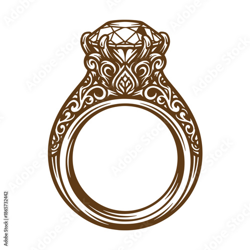 Vintage ornate diamond ring with intricate design and swirling patterns on white background