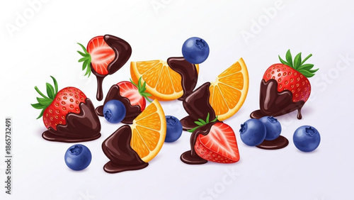 Delicious chocolate dipped strawberries, blueberries, and orange slices on a white background, perfect for dessert or snack concepts