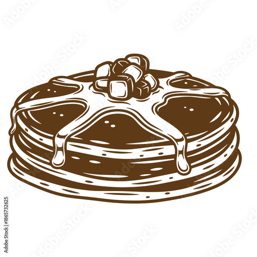 Vintage Brown pancakes with syrup and ice cubes on top isolated on white background