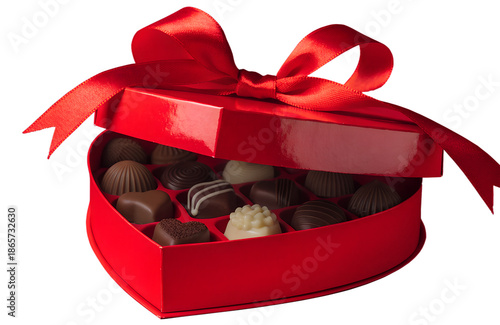 A surprise Christmas gift box featuring a cute dog and chocolate candy wrapped in a red package with a gold ribbon bow for a holiday celebration