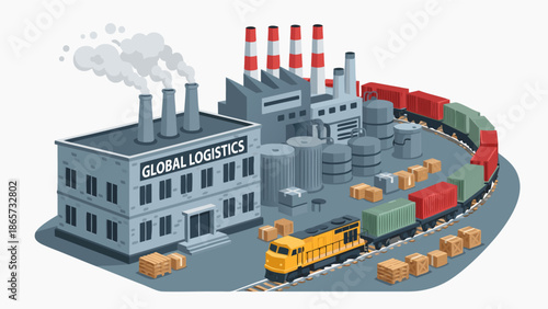 Global Logistics Industry Vector Illustration featuring a train and factory, showcasing the movement of goods and international trade