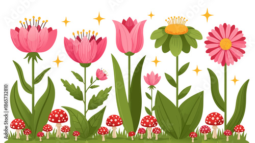 Whimsical vector illustration of a magical garden scene with vibrant flowers and cute mushrooms, perfect for enchanting designs