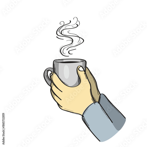 holding steaming cup of tea or coffee illustration vector sketch with black lines