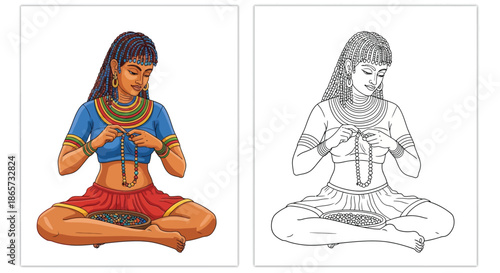 Artistic Woman Making Colorful Beaded Necklace Sitting Cross Legged Craft Illustration