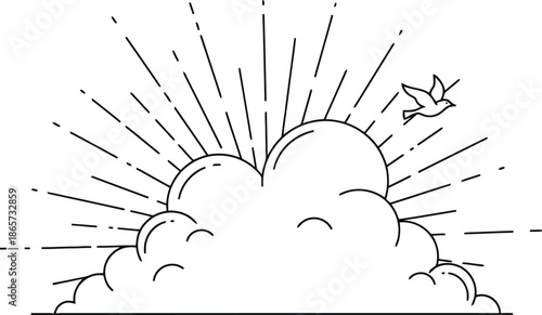 Line art illustration of heart shaped cloud with sun rays
