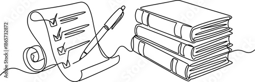 Paper list with pen and books Continuous one line drawing