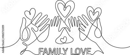Continuous one line drawing Abstract family hands holding hearts