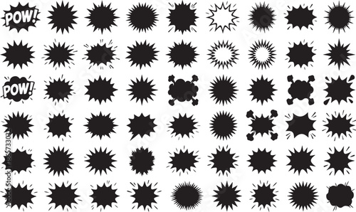 **Large Collection of Solid Black Comic-Style Speech Bubbles, Burst Shapes, and "POW!" Action Icon Silhouettes Vector Illustration on White Background**