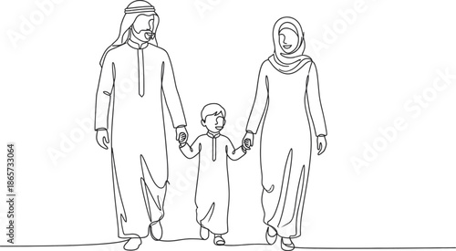 Arabian family mom dad and son walking together Islamic muslim happy family parenting concept Continuous one line drawing