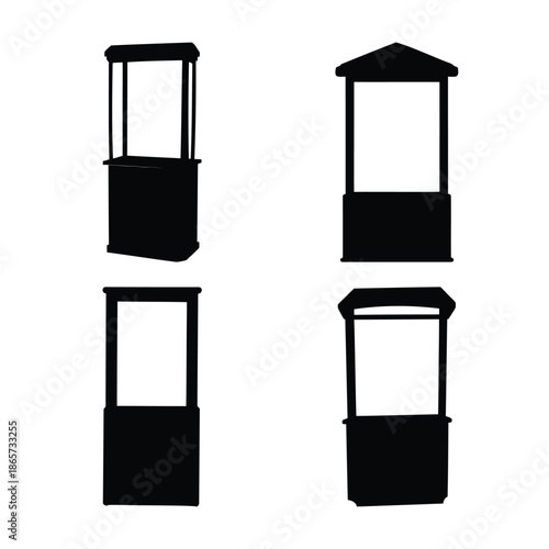 Promotional display stands kiosks silhouettes on white background Vector