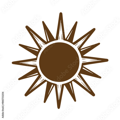 Vintage Brown sun icon with sharp rays on white background  solar symbol