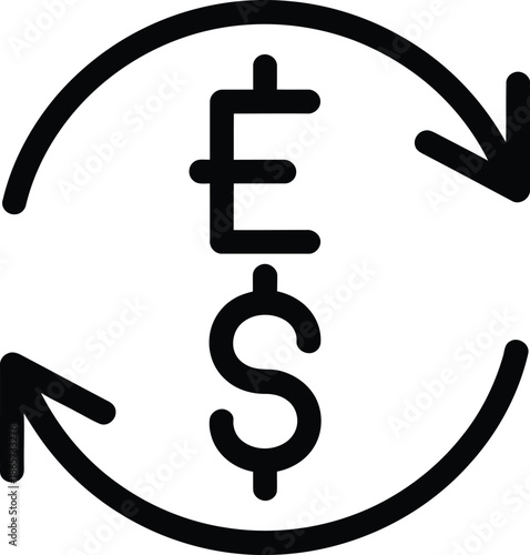 Currency exchange icon displays a British Pound symbol circulating around a United States Dollar symbol within circular.