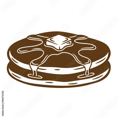 Vintage Brown syrup pouring on a stack of pancakes with butter on top isolated on white background