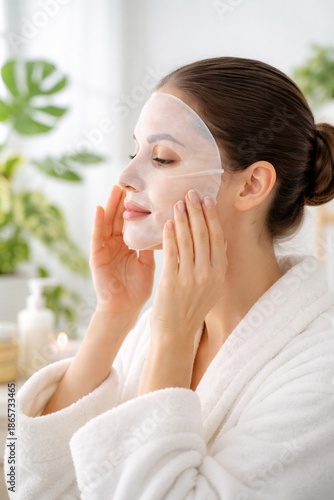 Serene Skincare: A woman indulges in a spa-like experience, gently applying a hydrating face mask, embracing self-care and the pursuit of radiant beauty.