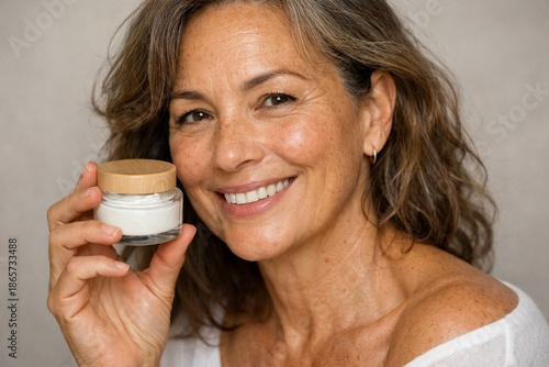 Radiant Beauty: A mature woman exudes a picture of serenity as she delicately holds a jar of skincare product, showcasing a natural beauty and promoting healthy aging.