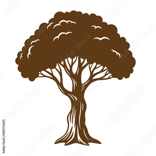 Vintage Brown tree silhouette with thick trunk and branches and leafy canopy on white background