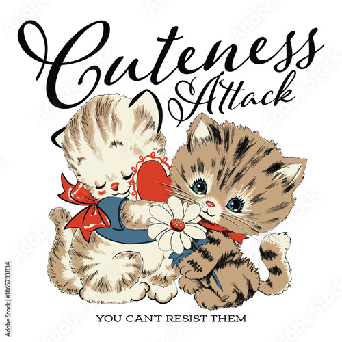 Cute retro cat illustrations with hand lettering elements