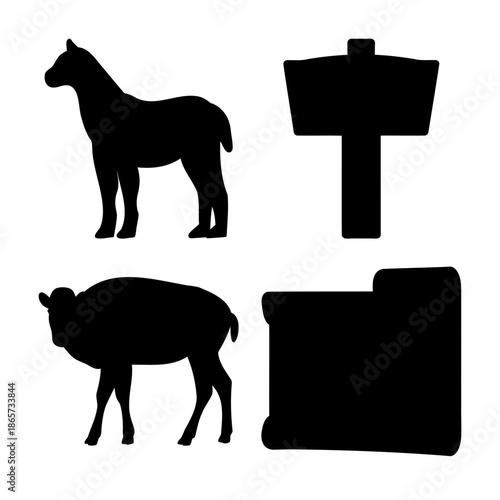 Vector silhouettes of horse, sheep, signpost, and folder icons set Vector