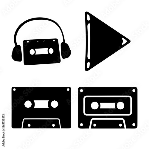 Retro audio cassette, headphones, play button vector icon set Vector