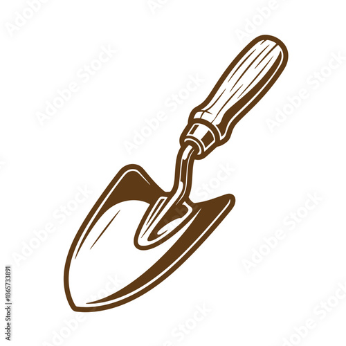 Vintage Brown trowel with wooden handle isolated on white background for gardening and construction work