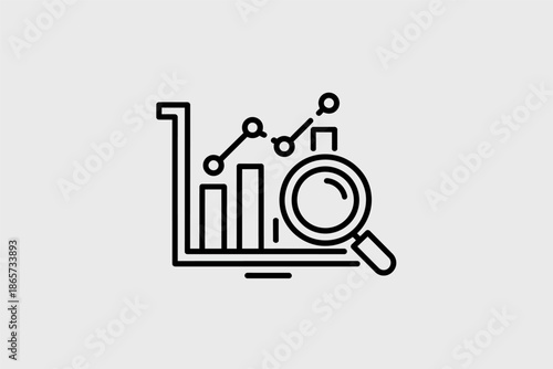 Line art icon displays a magnifying glass over a rising bar chart, representing business data analysis and financial growth.