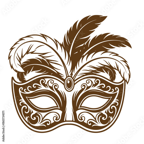 Vintage Brown Venetian masquerade ball mask with feathers isolated on white background