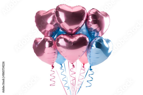 Pink and red heart-shaped helium balloons isolated on a white background create a romantic celebration symbol perfect for a Valentine's Day party or holiday gift decoration