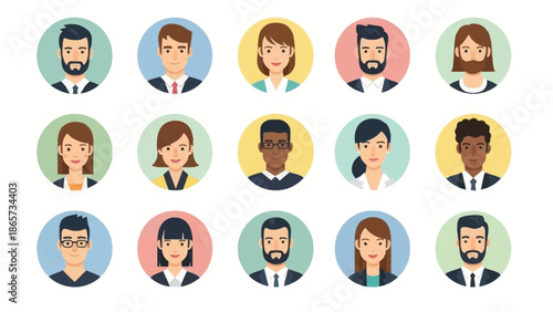 Diverse group of business people avatars, male and female, representing various professions and demographics in a professional, flat vector style.