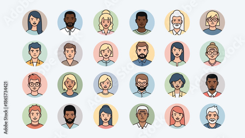 Diverse collection of cartoon avatar icons representing people of various ages, genders, and ethnicities for user profiles and social media.