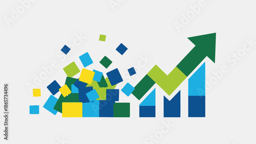 Green Arrow Rising Above Colored Bar Graph.