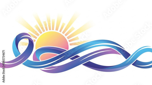 Stylized sunburst over flowing waves abstract ribbon design for wellness and hope isolated on white background