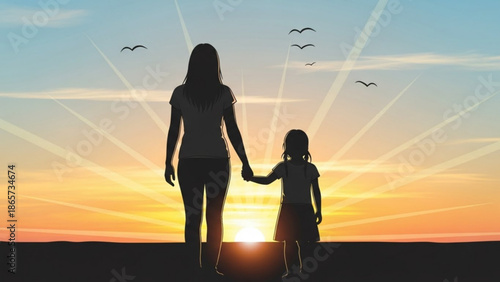 Mother and daughter walking hand in hand at sunset silhouette against a bright sky symbolizing family and hope