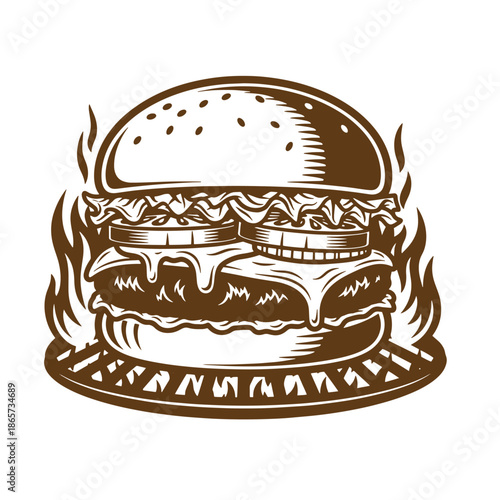 Vintage grilled double cheeseburger on a plate with flames around it