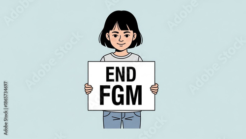 Young girl holding a sign advocating to end FGM representing female genital mutilation awareness and human rights isolated on a light blue backg