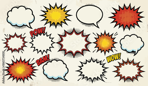**Retro Comic Book Style Action Speech Bubbles**