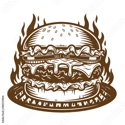 Vintage Illustration of a double cheeseburger with flames around it on a plate