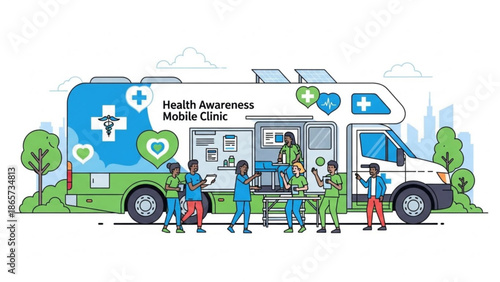 Health awareness mobile clinic van with medical staff and patients offering healthcare services in the community vector illustration