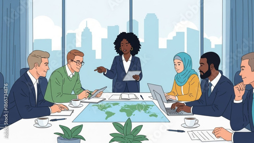 Diverse business team in a modern boardroom discussing global strategy with a world map on the table for corporate presentations