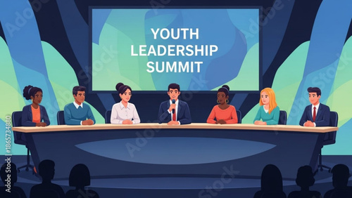 Diverse group of young people participating in a Youth Leadership Summit panel discussion representing teamwork and future success